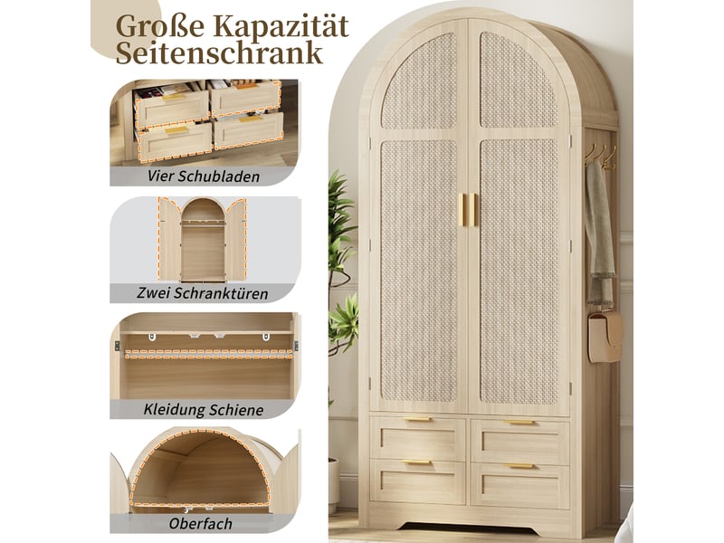  Armoire penderie 80x50x180cm, portes cintrées avec panneaux en rotin, tringle, étagères et tiroirs bas, pieds surélevés, mdf effet chêne pour  - Conforama E