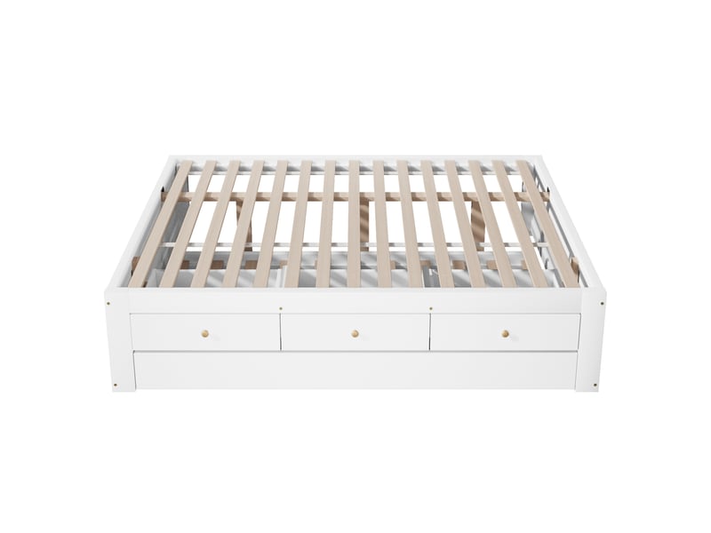  Lit double 140x200 cm avec 3 tiroirs et lit d’appoint coulissant blanc, sans matelas ni tête de lit  - Conforama E