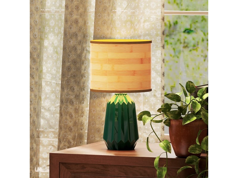  Lampe de table style rétro avec pied en céramique et abat-jour en lin pour chambre, 40 w, vert et bois naturel  - Conforama B