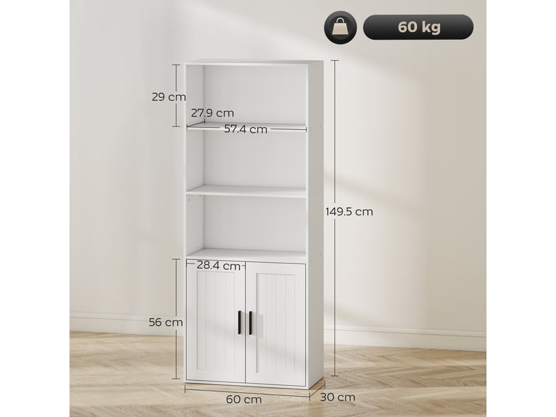  Bibliothèque avec étagères ouvertes et armoire à 2 portes avec étagère intérieure réglable, 60 x 30 x 145,5 cm, blanche  - Conforama E