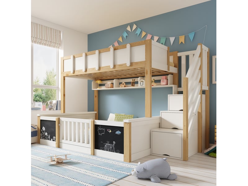  Lit superposé enfant modenvie 90 x 200 et 140 x 200 cm avec escalier de rangement tableau blanc et bois naturel  - Conforama D