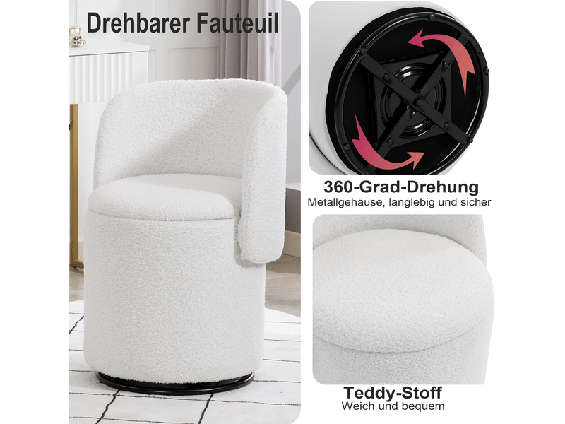  Chaise pivotante d'appoint blanche en teddy, 360° et rangement intégré, style moderne pour intérieur  - Conforama E