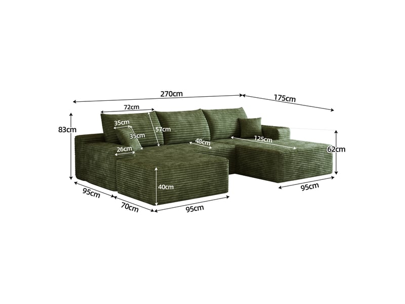  Canapé d'angle modulaire 270x175x83 cm 4 places avec méridienne en l vert  - Conforama E