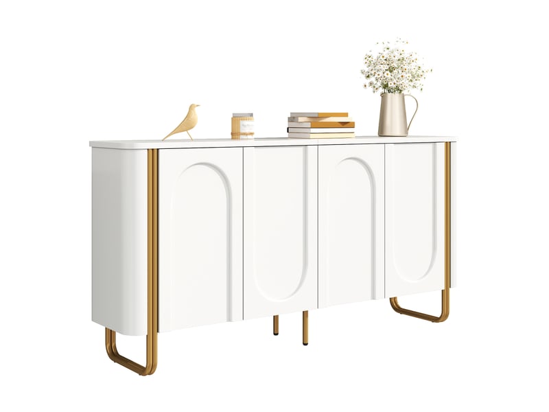  Buffet bas 160 cm en mdf blanc, 4 portes battantes push-to-open, reliefs en arc et pieds en fer doré, style design  - Conforama A