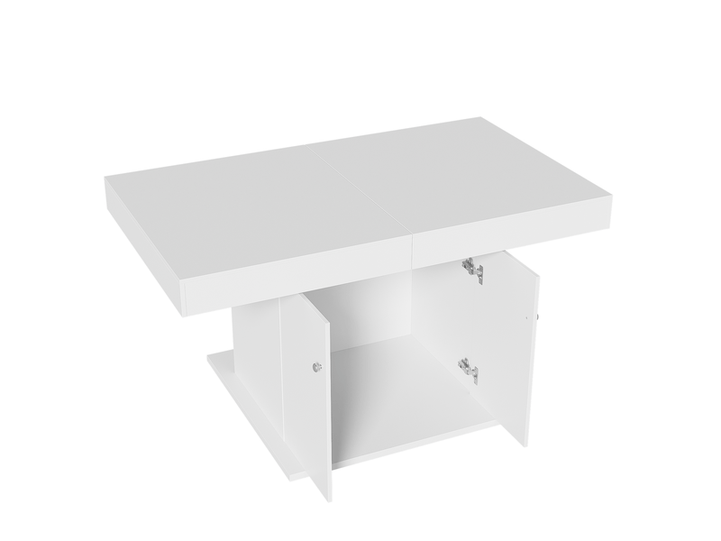  Table à manger rectangulaire extensible 140-180 x 80 cm avec rallonge automatique et grand rangement, plateau blanc, 4 à 8 places, design moderne  - Conforama D