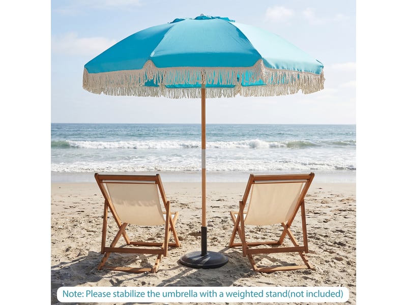  Parasol de plage rond de 170 cm avec mât en bois, parasol d'extérieur inclinable à 30°, 8 baleines et double ventilation.  - Conforama D