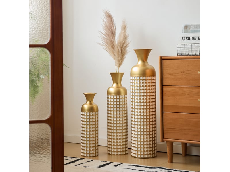  Lot de 3 vases de sol en métal h 836650 cm – doré à pois blancs – pour fleurs séchées décoratives  - Conforama B