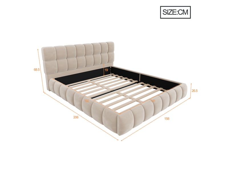  Lit double 140x190 cm pour adolescents, polaire avec tête de lit douce et bordure rembourrée, revêtement en velours, beige Bubbly - Conforama D