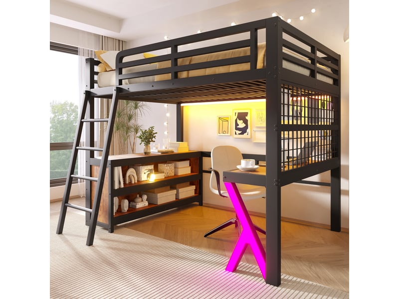 Lit mezzanine 140x200 cm, bureau, bandeau led, armoire de rangement, sans matelas, noir - Conforama B