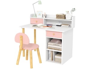 Ensemble bureau et chaise pour enfant, bureau d'écolier avec tiroirs, compartiment et étagères, rose et blanc