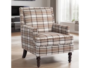 Fauteuil de salon vintage 64x69x89cm - fauteuil d'accent rembourré avec clous décoratifs et pieds en bois massif - tissu de lin - marron et blanc