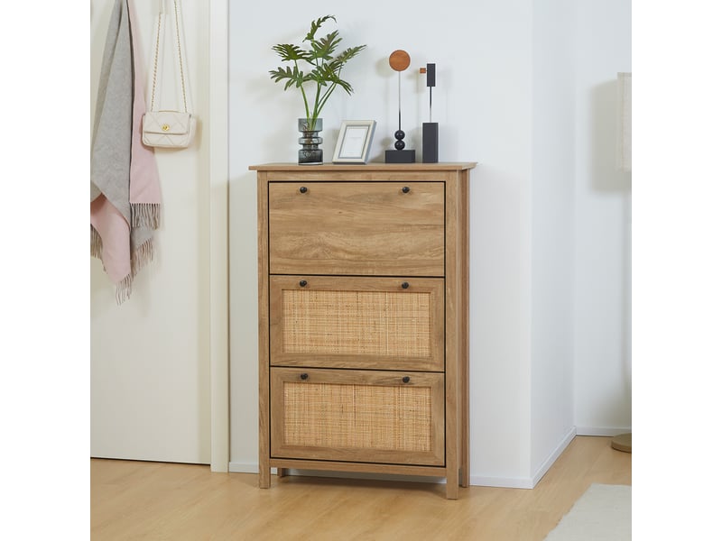  Meuble à chaussures étagère à chaussures armoire 3 portes abattants effet cannage rotin - en bois bois naturel  - Conforama B