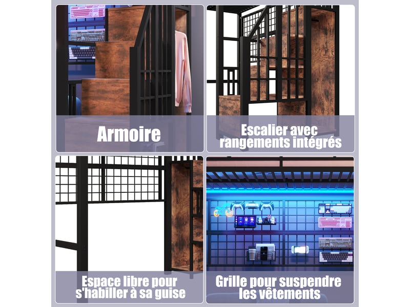  Lit mezzanine en métal 90x200 cm, lit avec penderie, échelle de rangement, barres de suspension, led 7 couleurs, espace sous lit, noir evarich - Conforama D