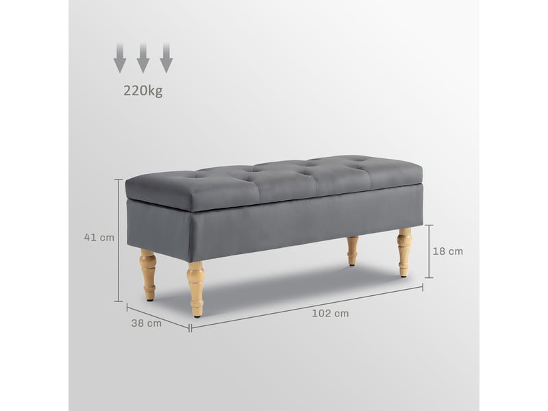  Banc coffre de rangement 2 en 1 banquette en velours avec pieds en bois et couvercle à charnière capitonné, gris foncé  - Conforama C