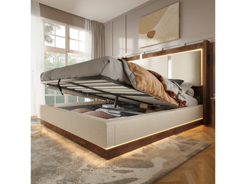  Lit coffre 2 places 180x200 cm avec led, coloris beige et noyer  - Conforama B