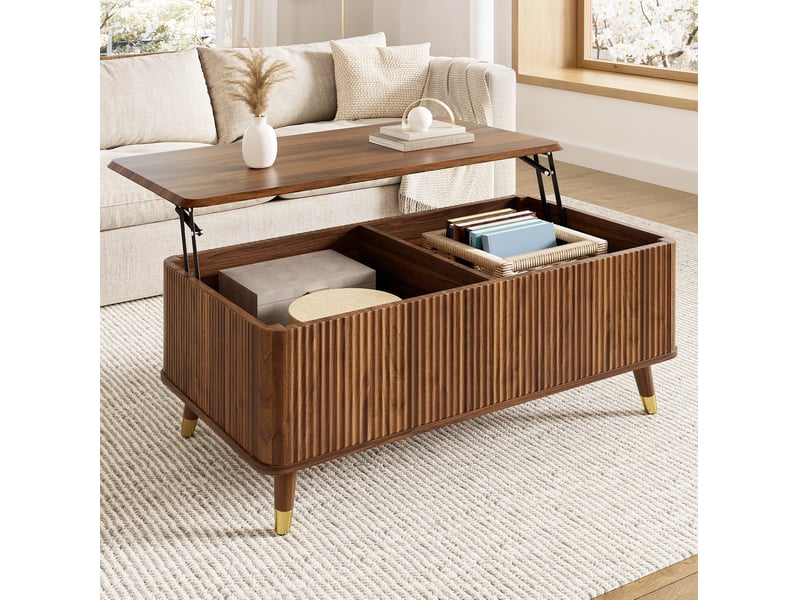  Table basse 97x52x42 cm, plateau escamotable, espace de rangement, style rétro, usage quotidien, salon, en mdf, noyer  - Conforama D