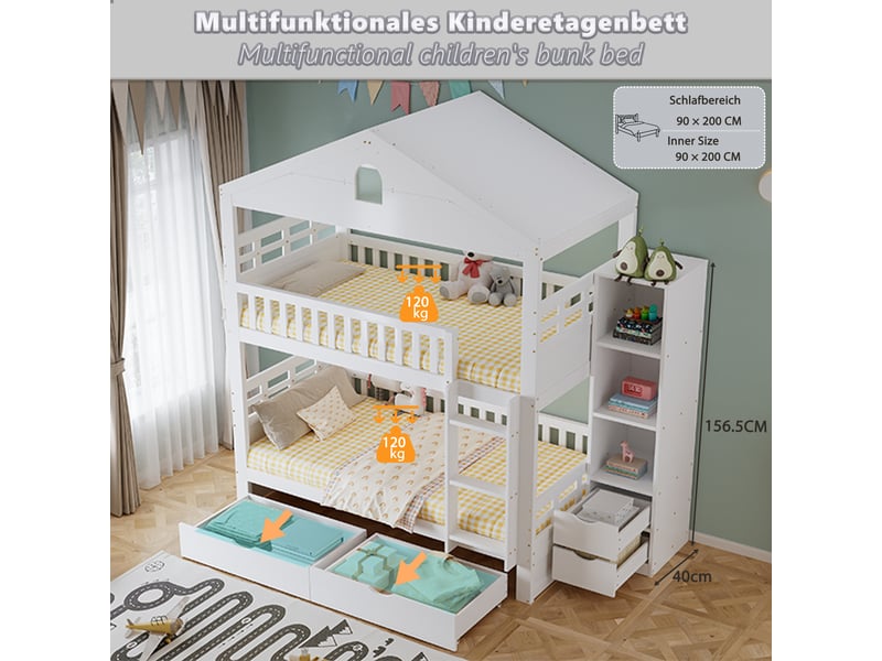  Lit superposé enfant 2 places 90×200 cm, 2 tiroirs et rangement - okmyhome- blanc, sans matelas, bois  - Conforama E