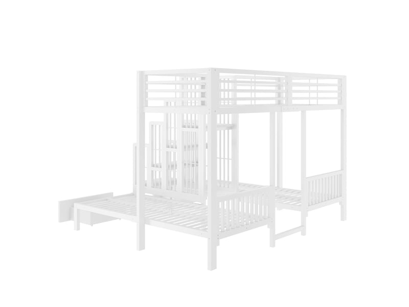  Lit superposé 90 x 200 cm structure robuste en acier cadre en métal escalier central barrières de sécurité tiroirs de rangement finition blanche effet bois  - Conforama D
