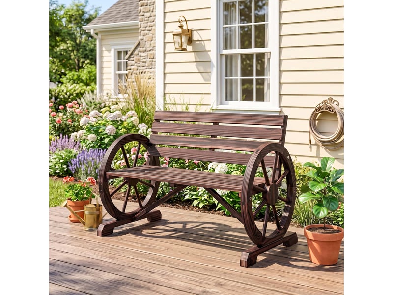  Banc de jardin banc 3 places banc en bois style rustique chic accoudoirs roues carbonisation  - Conforama D
