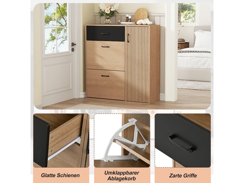 Meuble à chaussures naturel et noir 100 × 35 × 106 cm, en mdf et panneaux de particules, avec capacité 8 paires - Conforama D