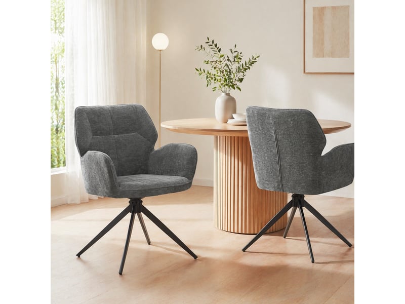  Lot de 2 chaises de salle à manger pivotantes avec accoudoirs en tissu chenille gris foncé et métal  - Conforama C