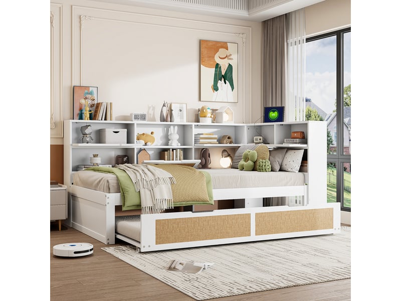  Canapé-lit en bois massif 90x200 cm avec lit gigogne, lit enfant avec port de recharge, lit 1 personne, blanc  - Conforama D