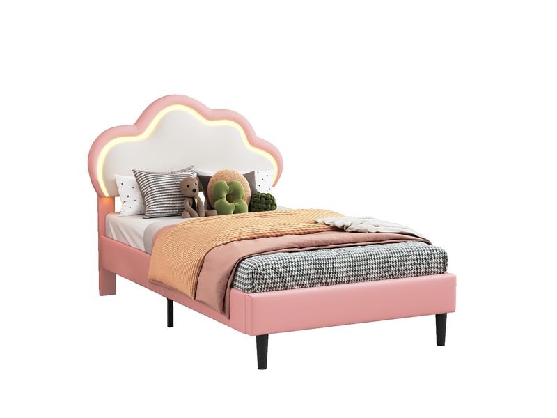  Lit 90x200cm - lit simple 90x200 - lit enfant tête de lit nuage en similicuir avec éclairage led rgb, hauteur réglable - rose  - Conforama A