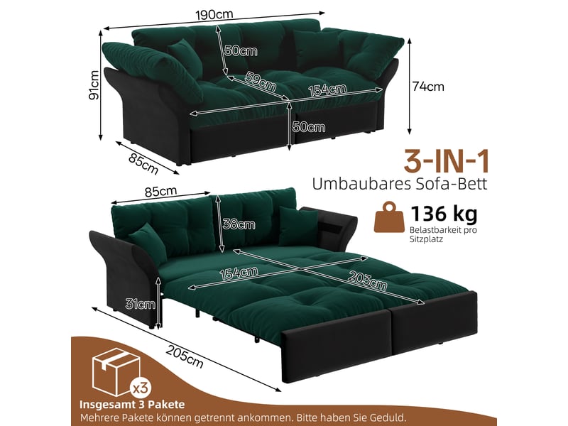  Canapé-lit convertible 3-en-1 vert en velours, 190 cm queen size, capitonné, 2 coussins, multifonctionnel  - Conforama C