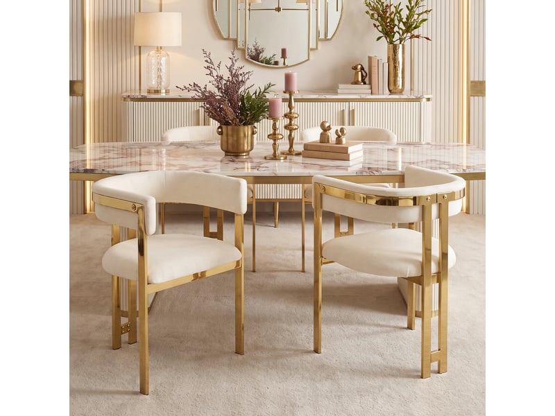  Lot de 6 chaises de salle à manger beige et or en chenille pieds dorés dossier haut confortables  - Conforama D
