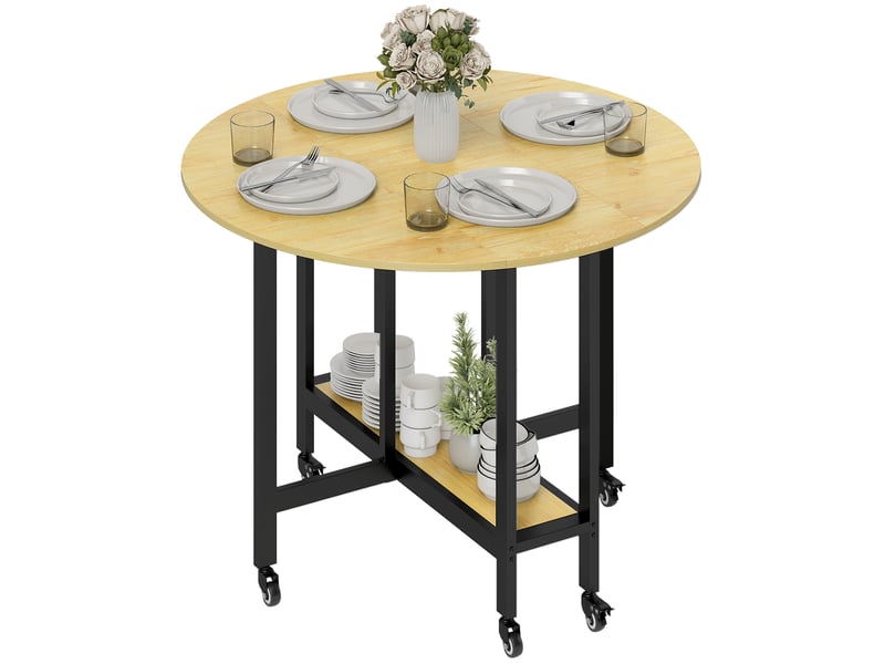 Table à manger pliante sur roulettes, table de cuisine pour 4 personnes avec étagère intégrée, 100 x 100 x 75 cm, chêne - Conforama B