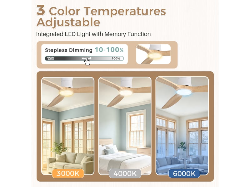  Ventilateur de plafond extra plat bois massif avec lumière et télécommande, 132 cm, moteur dc silencieux réversible, 3 pales  - Conforama E