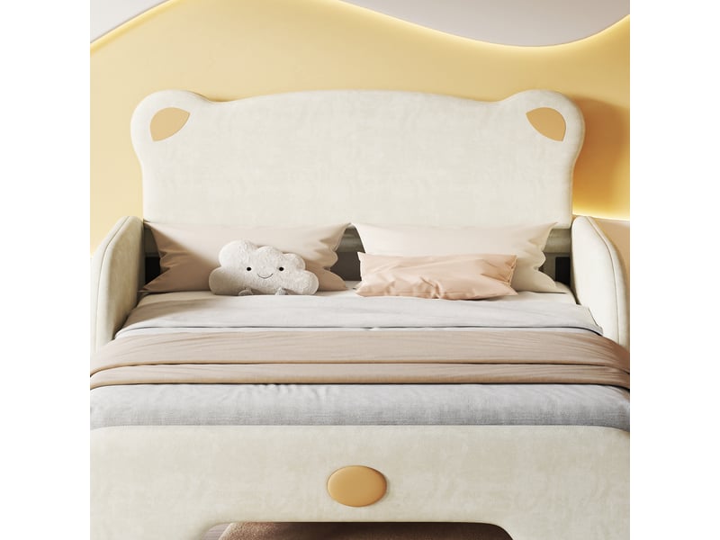 Lit gigogne en forme d'ours 140x200 cm avec bords protecteurs doux et lattes en bois, velours, beige, sans matelas - Conforama R