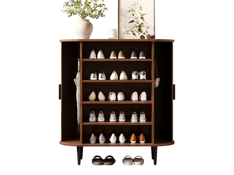 Buffet d'entrée avec portes coulissantes, meuble de rangement avec 4 crochets, effet bois, 85x40x93 cm  - Conforama A