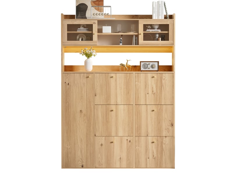 Meuble à chaussures étroit avec porte et led, 130x25x180 cm, panneau de particules couleur naturel - Conforama A