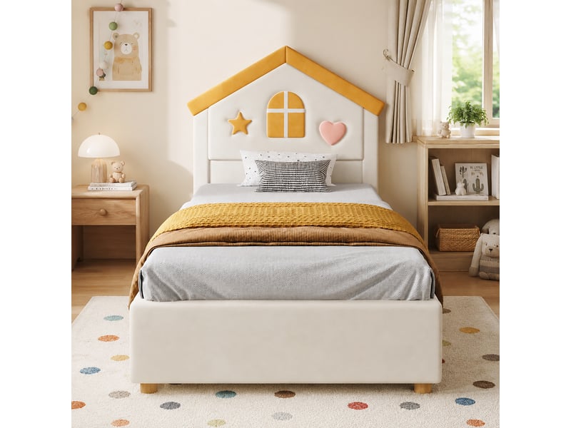  Lit 90x200 cm - lit enfant 90x200 - lit simple rembourré velours avec tête de lit maisonnette et 4 tiroirs - beige  - Conforama D