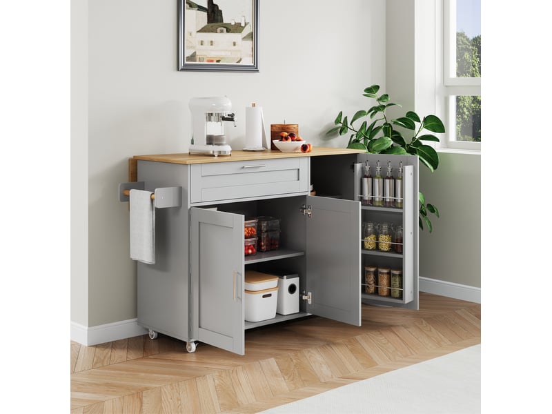 Desserte de cuisine 132.5x44(70)x90 cm grise, plateau pliant effet chêne - Conforama E
