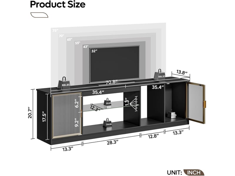 Bestier modern tv stand for 7580 inch tvs, led multimedia center with acrylic doors and adjustable glass shelf, 70 media console for ps5 living room, black carbon fibre  - Conforama C