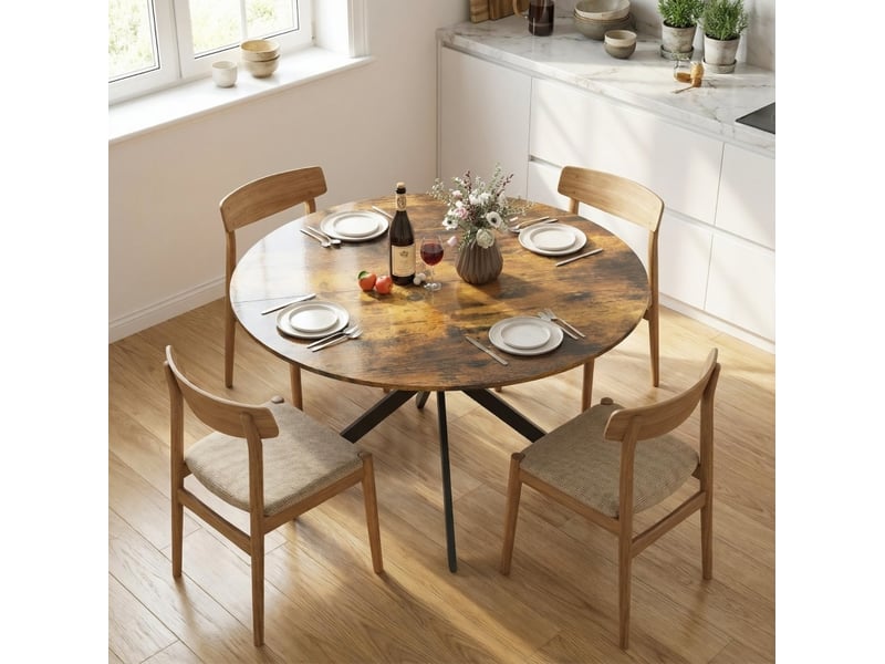  Table à manger ronde, 120 cm, repas, salle à manger et pratique, plateau bois, piètement acier, coloris marron rustique  - Conforama B