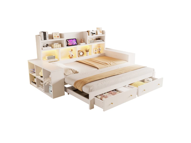  Lit enfant 90x200 cm extensible 180 cm, lit multifonctionnel avec rangement et led, bois blanc, sans matelas  - Conforama A