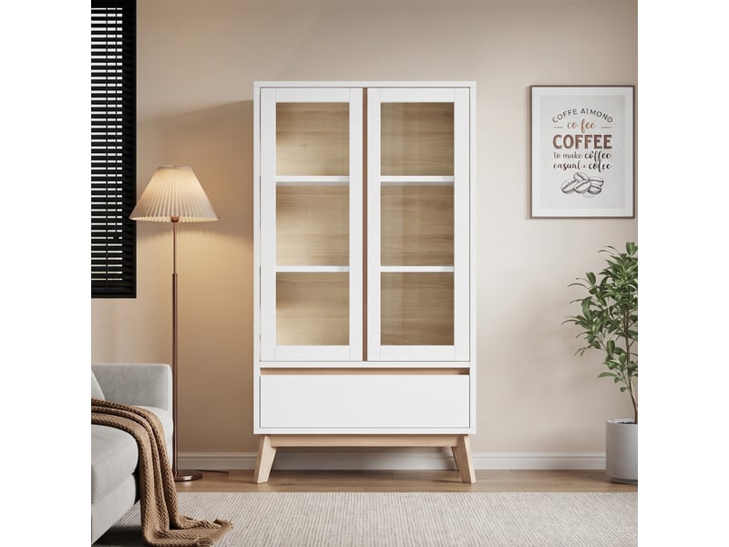  Buffet de cuisine 80 x 40 x 150 cm avec 2 portes vitrées et 1 tiroir, étagères réglables, blanc et aspect bois  - Conforama D