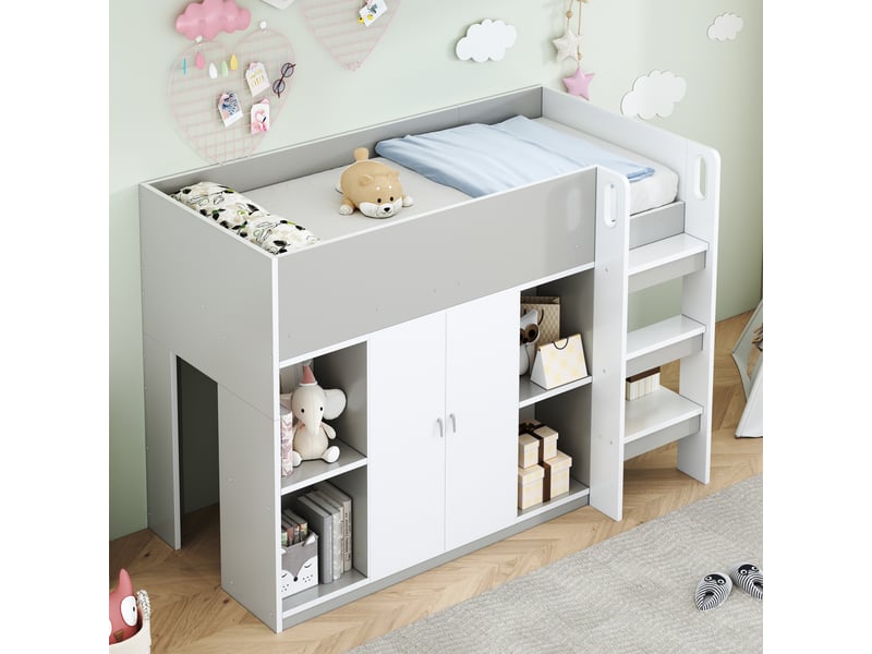  Lit mezzanine gris 90x200 cm avec armoire et étagères – rangements intégrés  - Conforama B