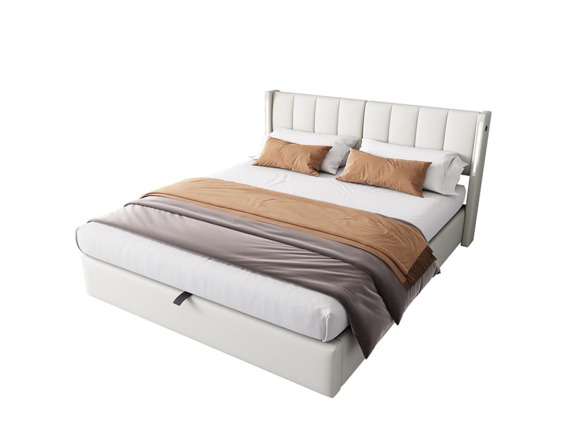  Lit coffre adulte 180x200 cm – blanc – rangement hydraulique, led et ports usb rechargeables intégrés  - Conforama A