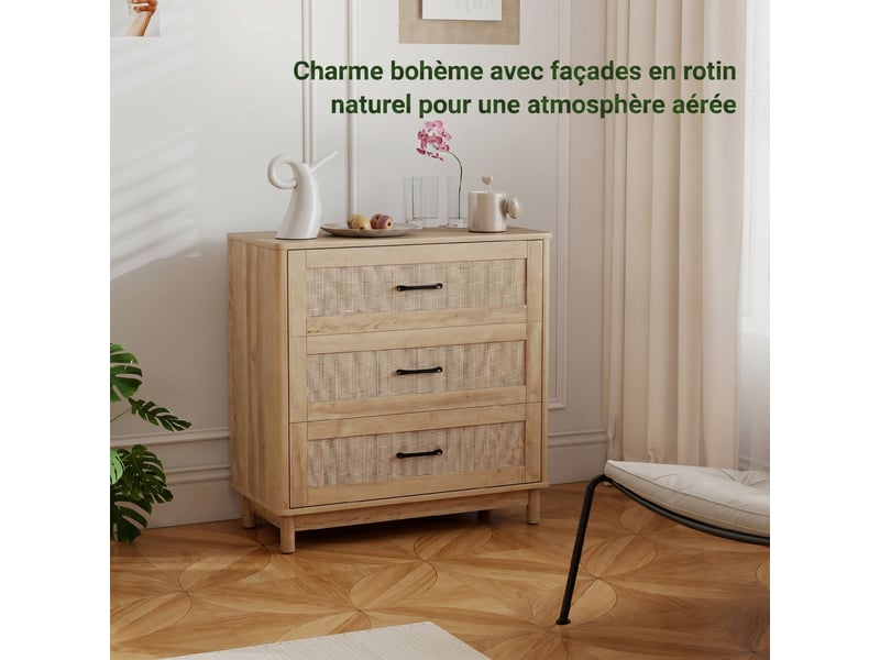  Commode 3 tiroirs en rotin et bois massif coloris chêne 76 x 35 x 76 cm  - Conforama E