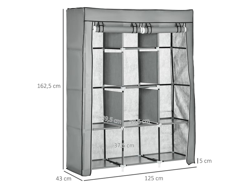  Armoire en tissu 125x43x162,5 cm avec 2 barres et 8 niveaux de rangement métal gris clair  - Conforama C