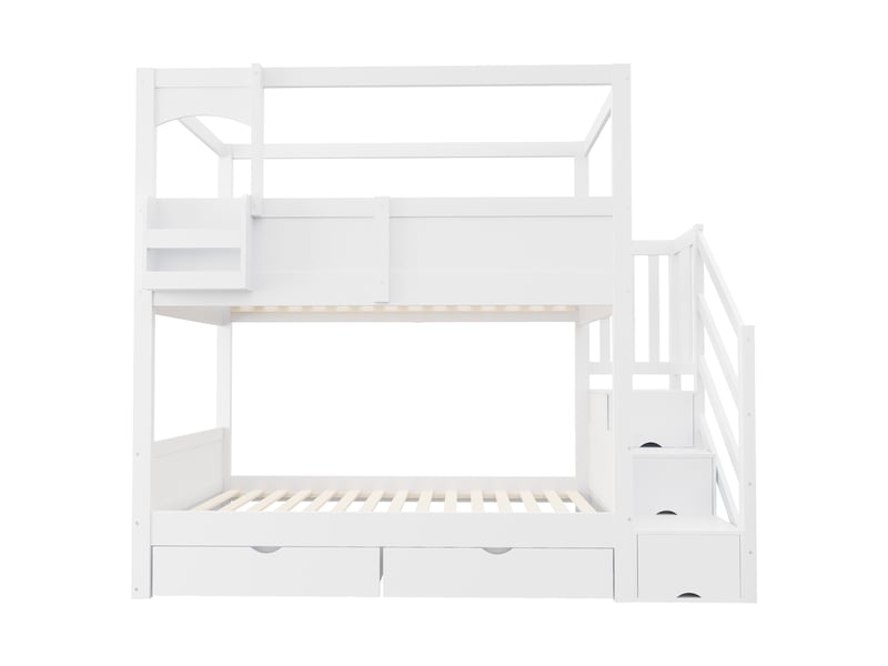 Lit superposé enfant 90x200 cm - lit superposé bois avec rangement, échelle et 2 tiroirs - design maison - blanc  - Conforama R