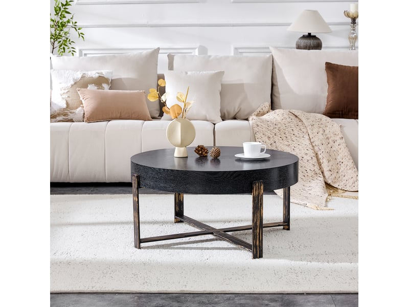  Table basse ronde 68x68x36 cm style industriel rétro, plateau mdf noir et structure en métal bronze antique  - Conforama E