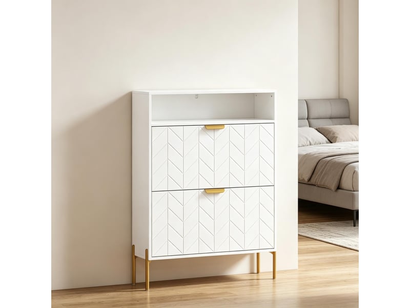  Meuble à chaussures modèle slim, 16 paires, 2 compartiments basculants, niche ouverte, rangement entrée  - Conforama E