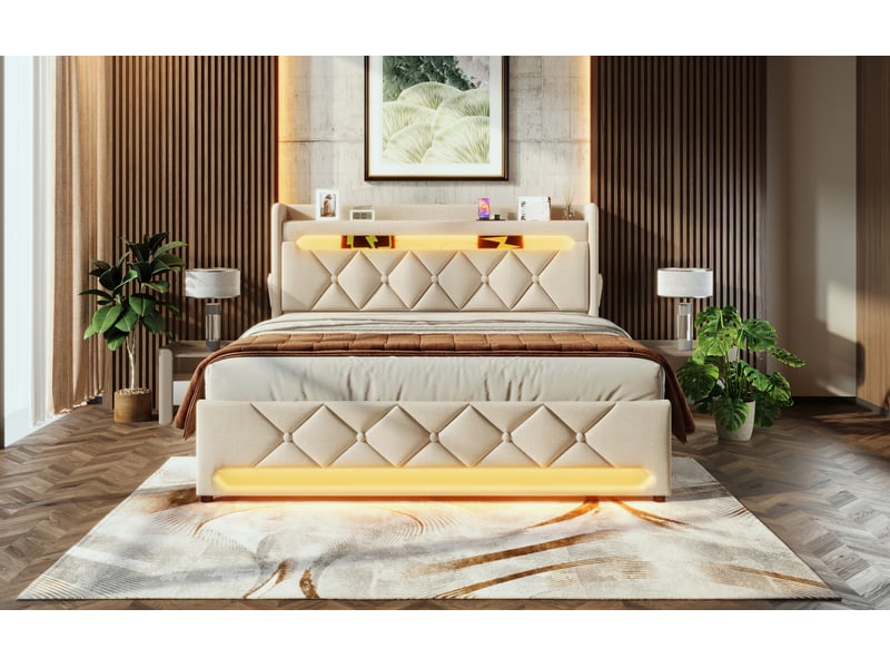  Lit double 140x200 cm avec tête de lit, led, usb, rangement hydraulique, lin beige sans matelas  - Conforama B