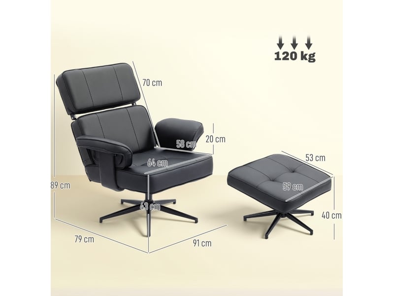  Fauteuil relax réglable avec repose-pieds en similicuir noir  - Conforama C