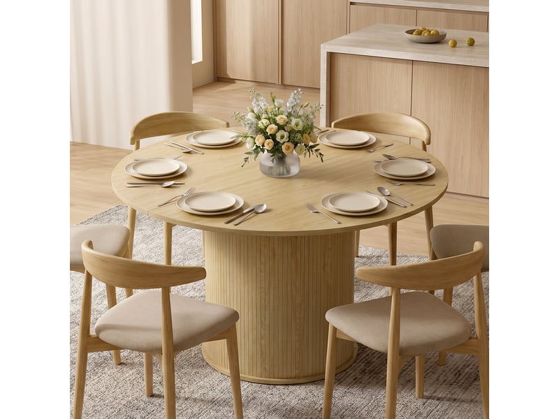  Table à manger ronde pour 4-6 personnes, ø 120 x 75 cm, table de cuisine avec base cylindrique cannelée, bois naturel  - Conforama D